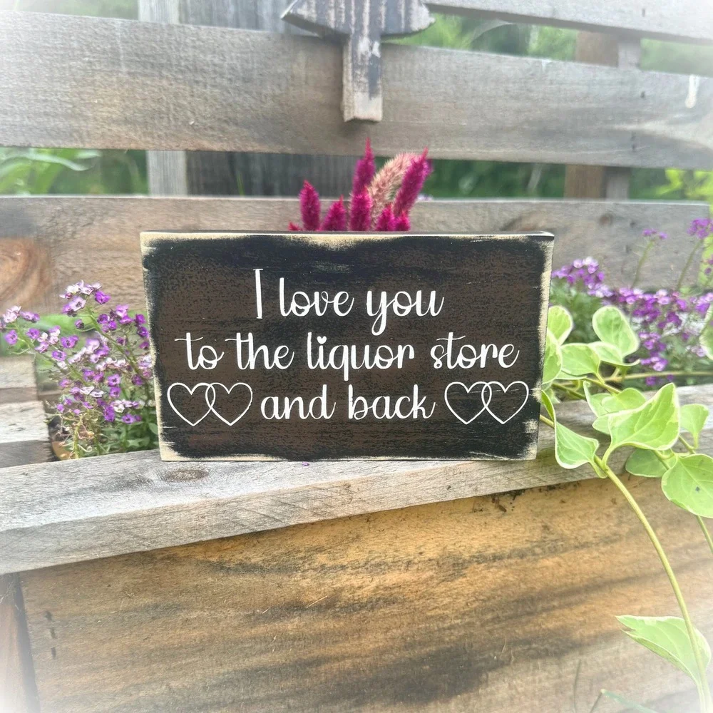 Basket Case Designs Liquor Store and Back Funny Wooden Block‎ Sign Distressed